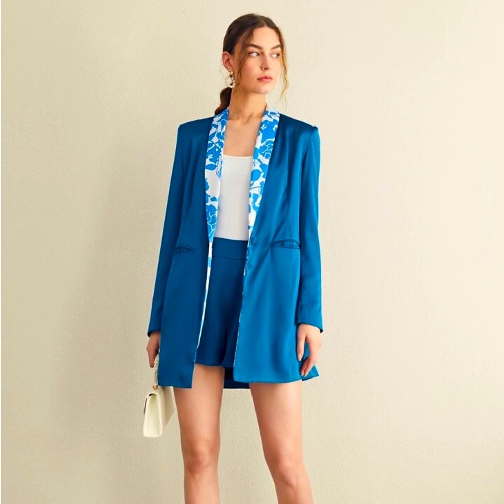 SHEIN BEYOND THE CEREMONY Shawl Neck Colorblock Floral Print Blazer & Shorts Set